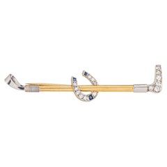 Antique Portuguese Horseshoe Riding Crop Brooch Diamond 19k Gold Platinum