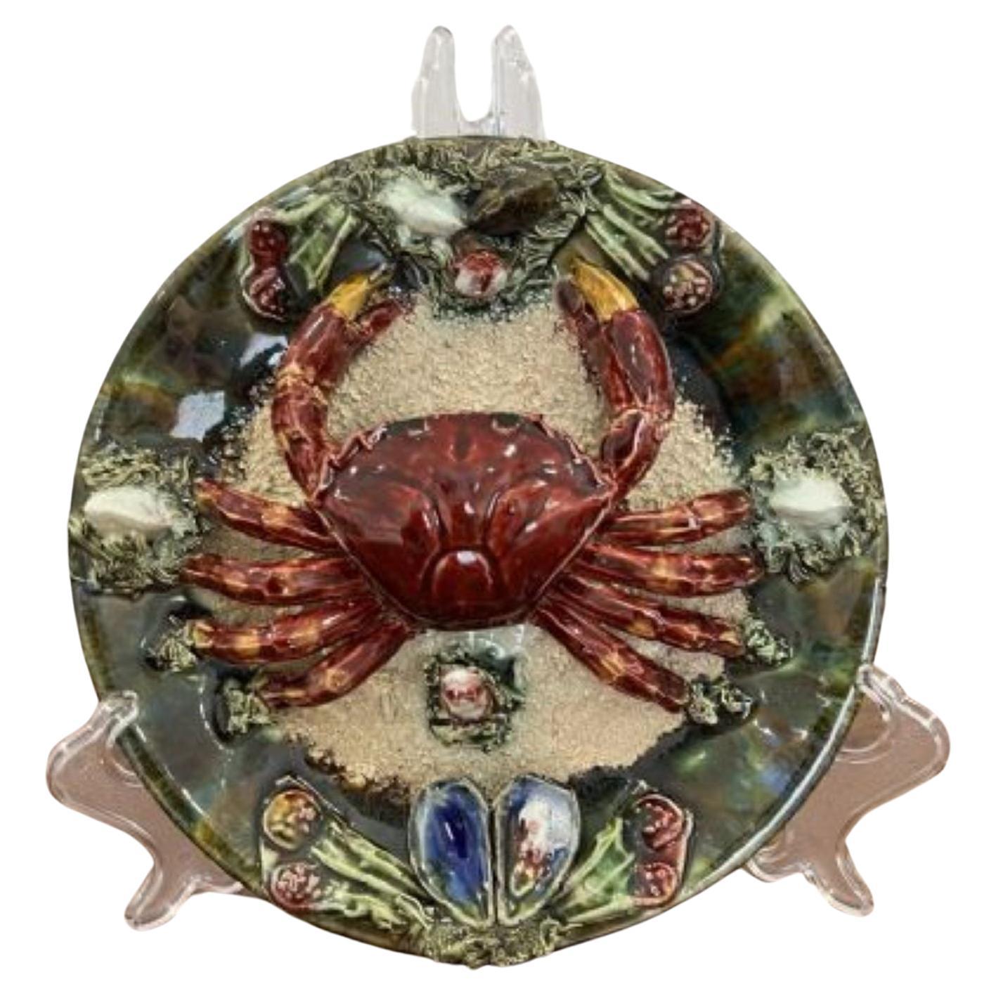 Antique Portuguese majolica palsy ware crab wall plate For Sale
