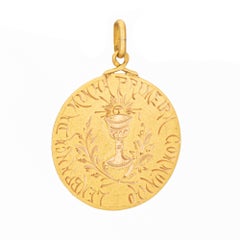 Antique Portuguese Medallion 19k Yellow Gold 1st Communion Religious Charm