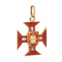 Antique Portuguese Medallion 19k Yellow Gold Cross of Christ Red Enamel Jewelry