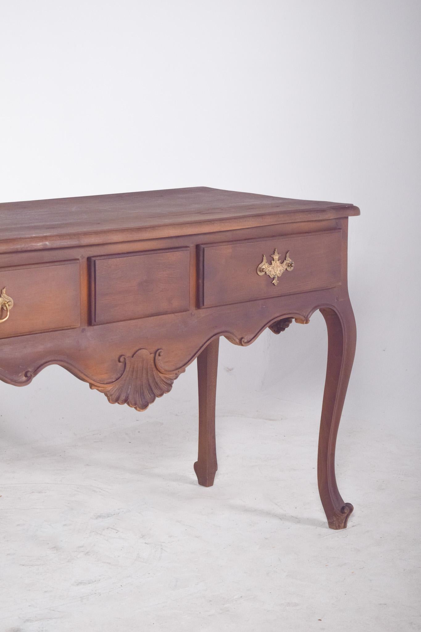 Other Antique Portuguese Oak Side Table with Three Drawers For Sale