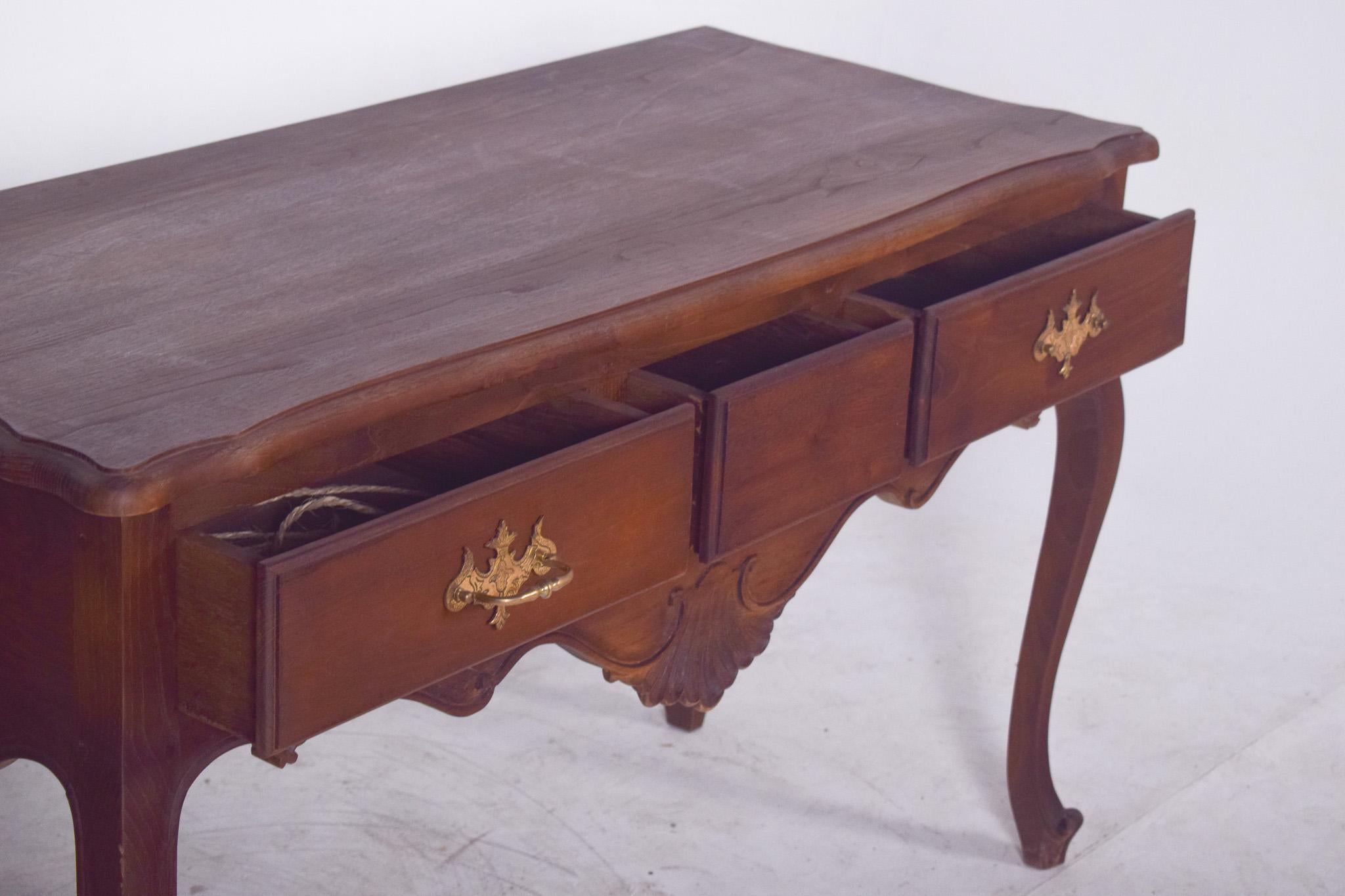 Antique Portuguese Oak Side Table with Three Drawers For Sale 3