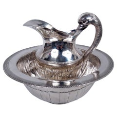 Antique Portuguese Oporto Neoclassical Silver Washing Jug and Basin