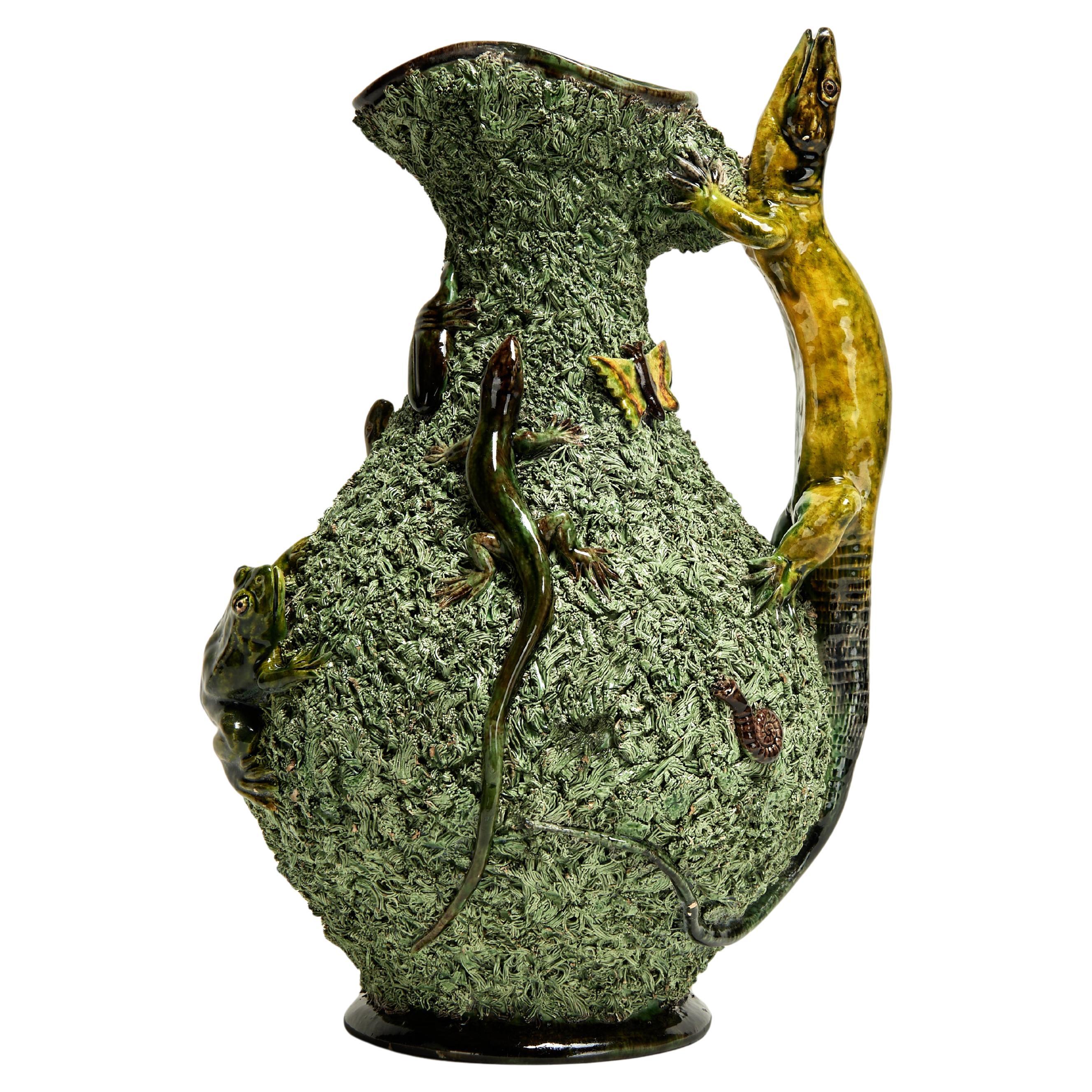 Antique Portuguese Palissy Majolica Pitcher with Lizards and Bugs For Sale