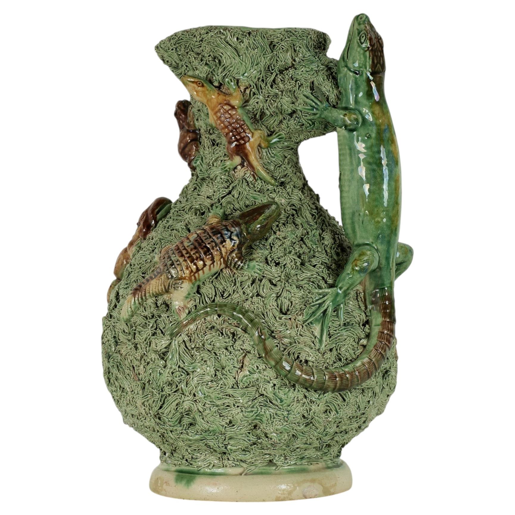 Antique Portuguese Palissy Pitcher With Lizards