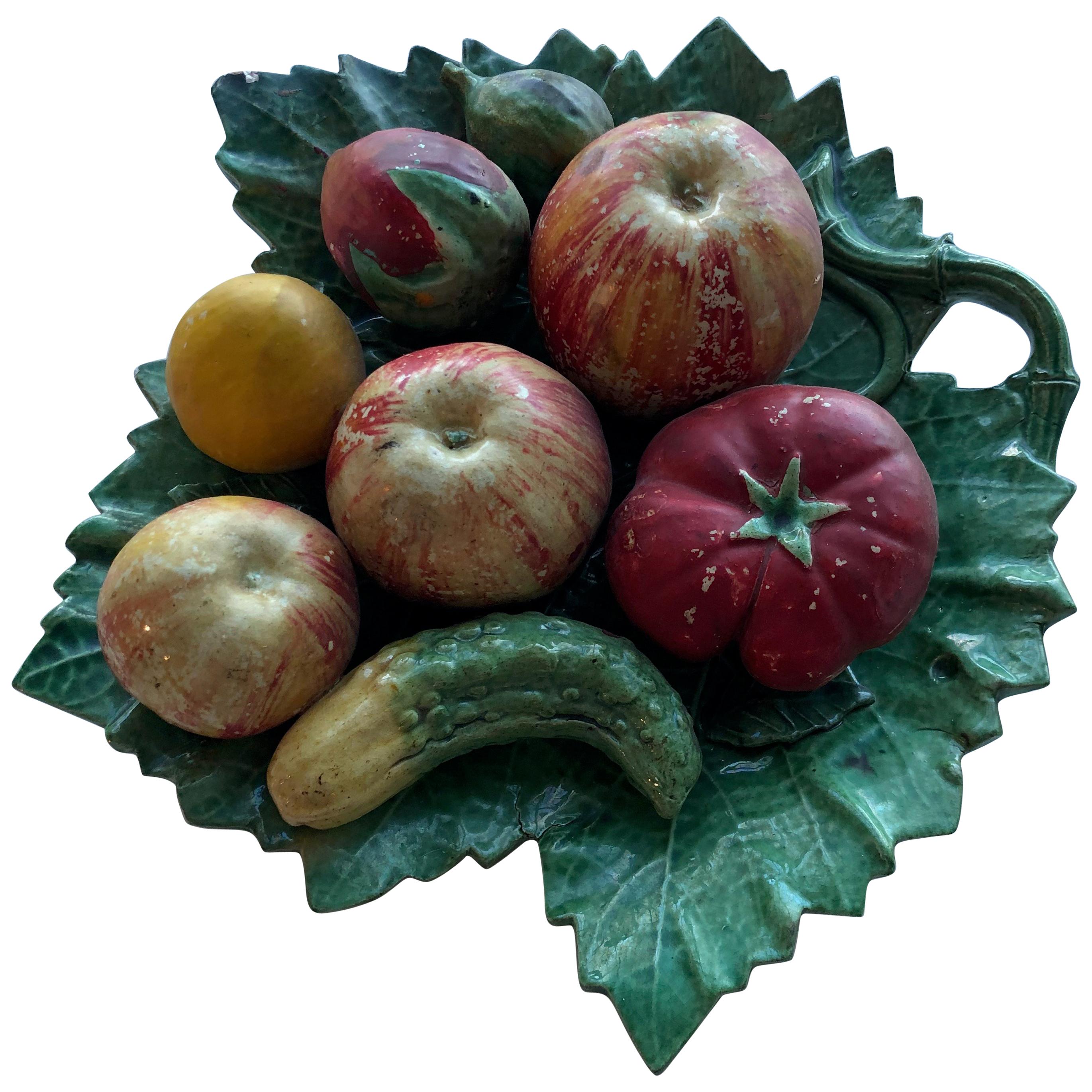 Antique Portuguese Palissy Ware Large Vine Leaf Plate, Majolica, Caldas Portugal For Sale