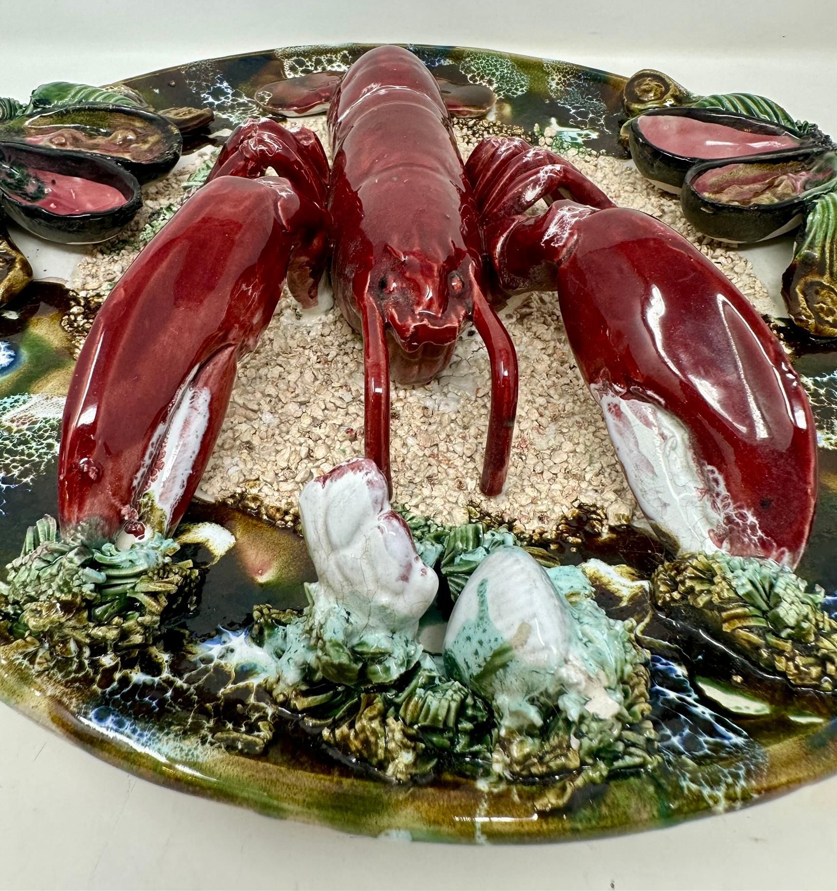 20th Century Antique Portuguese Palissy-Ware Pottery Lobster Seafood Plate, Circa 1950. For Sale