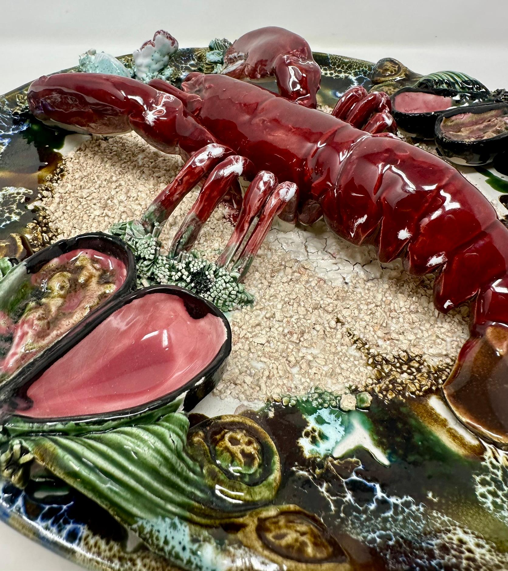 Ceramic Antique Portuguese Palissy-Ware Pottery Lobster Seafood Plate, Circa 1950. For Sale