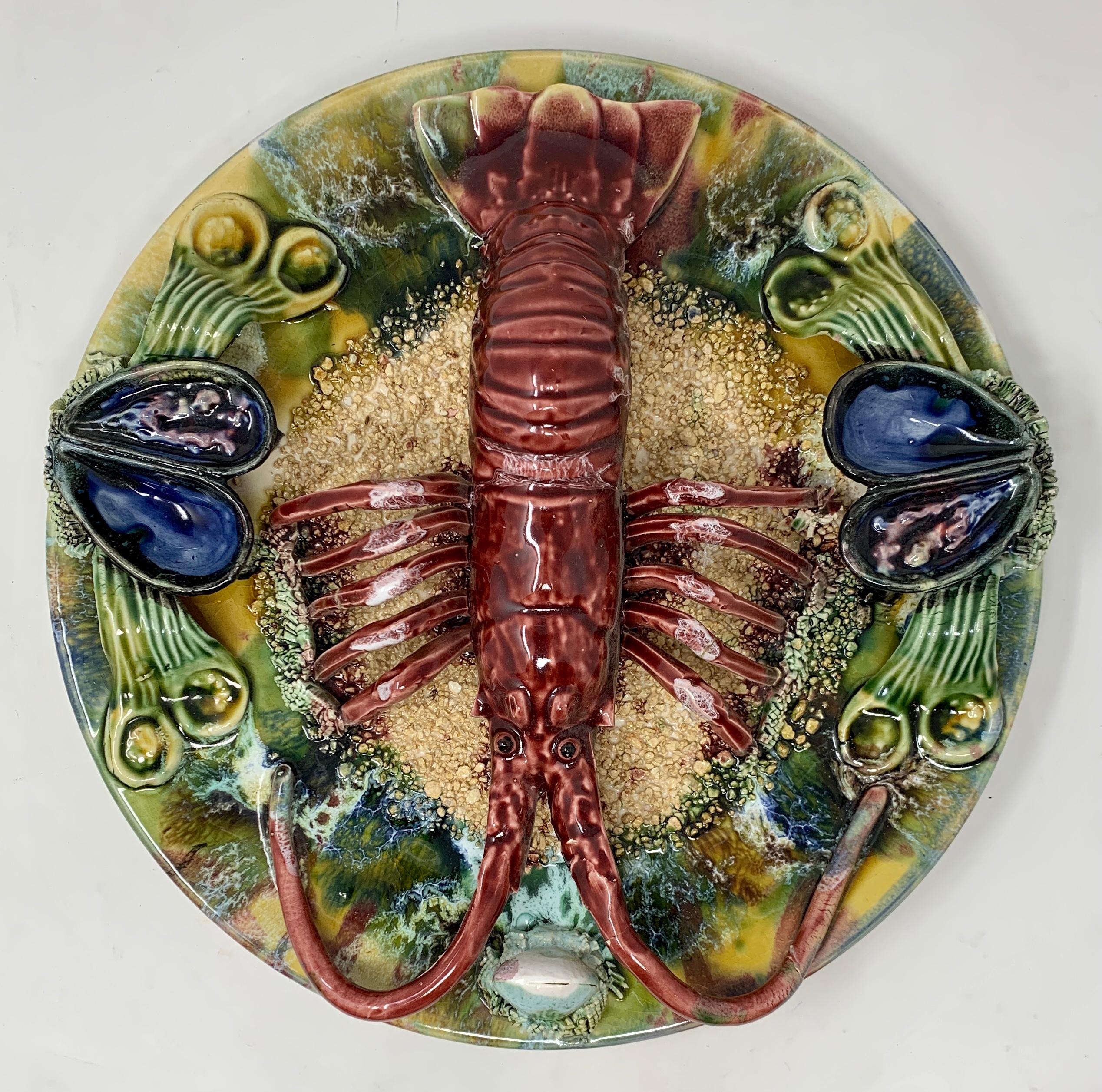 Antique Portuguese Palissy-Ware Pottery Porcelain Lobster seafood plate, Circa 1920's.