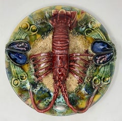 Antique Portuguese Palissy-Ware Pottery Porcelain Lobster Seafood Plate Ca. 1920