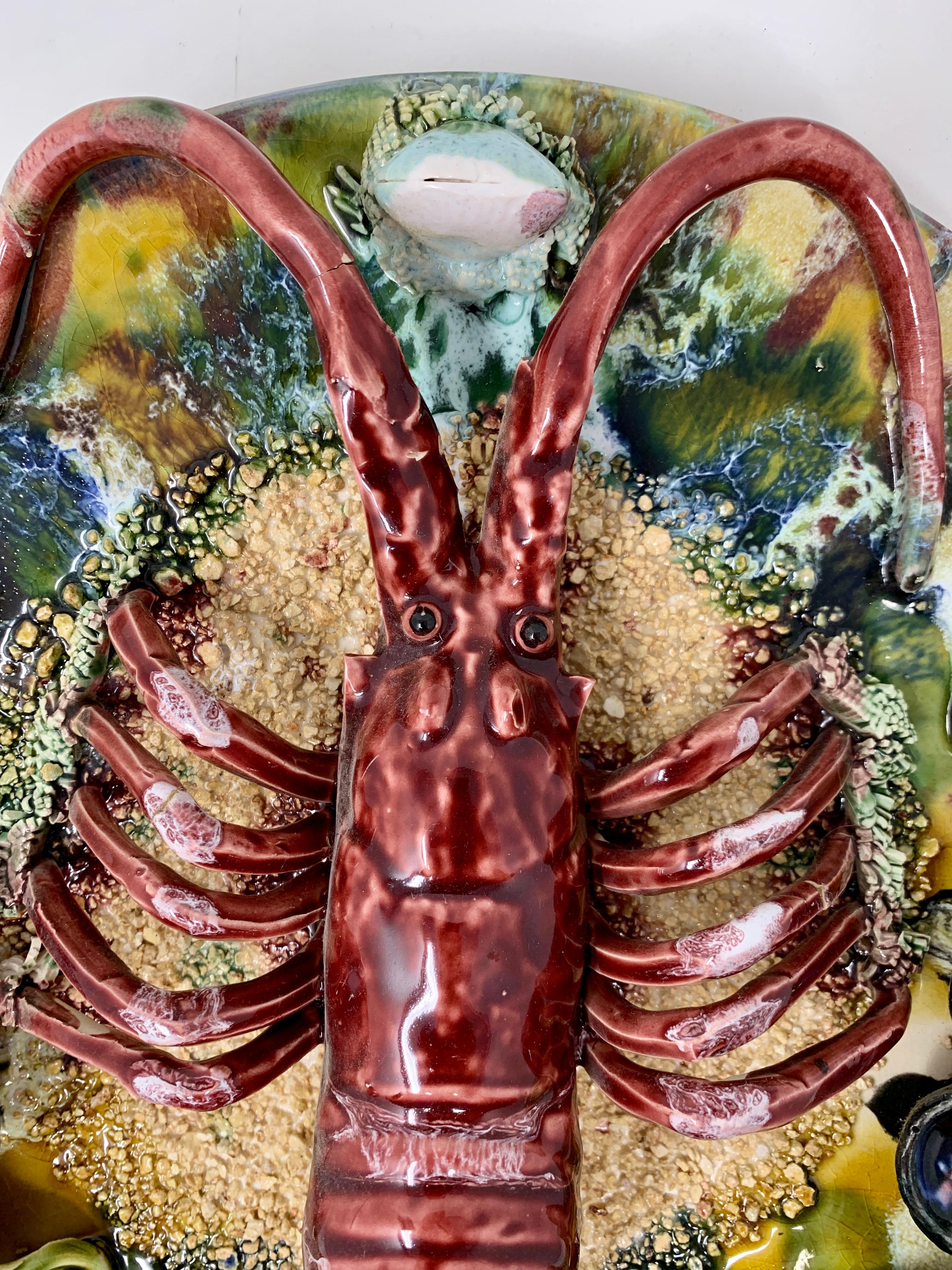 Early 20th Century Antique Portuguese Palissy-Ware Pottery Porcelain Lobster Seafood Plate Ca. 1920