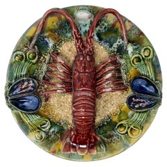 Antike portugiesische Palissy-Ware Keramik Porzellan Hummer Meeresfrüchte Teller Ca. 1920