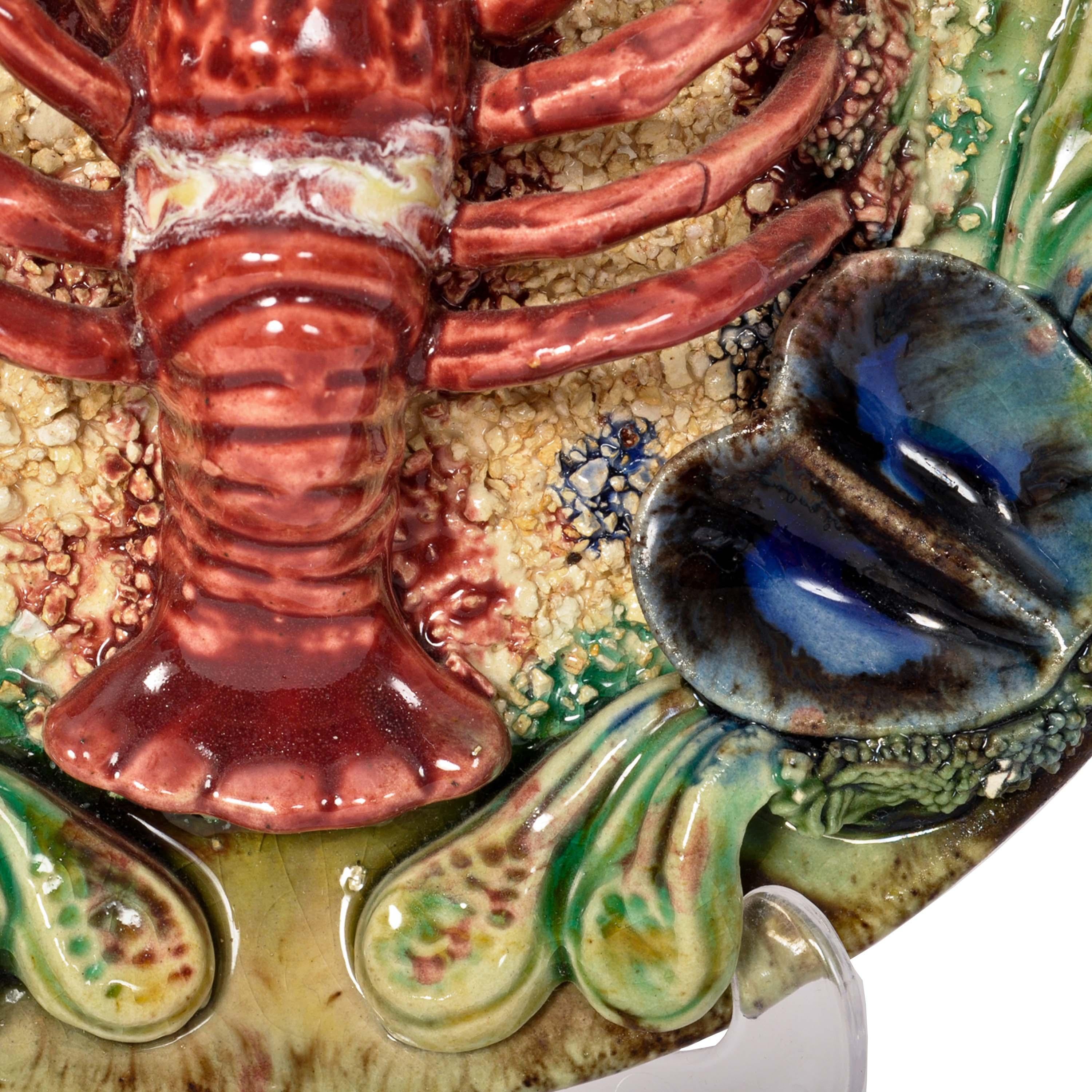 Antique Portuguese Pottery Palissy Style Majolica Lobster Wall Dish Plate, 1900 In Good Condition For Sale In Portland, OR