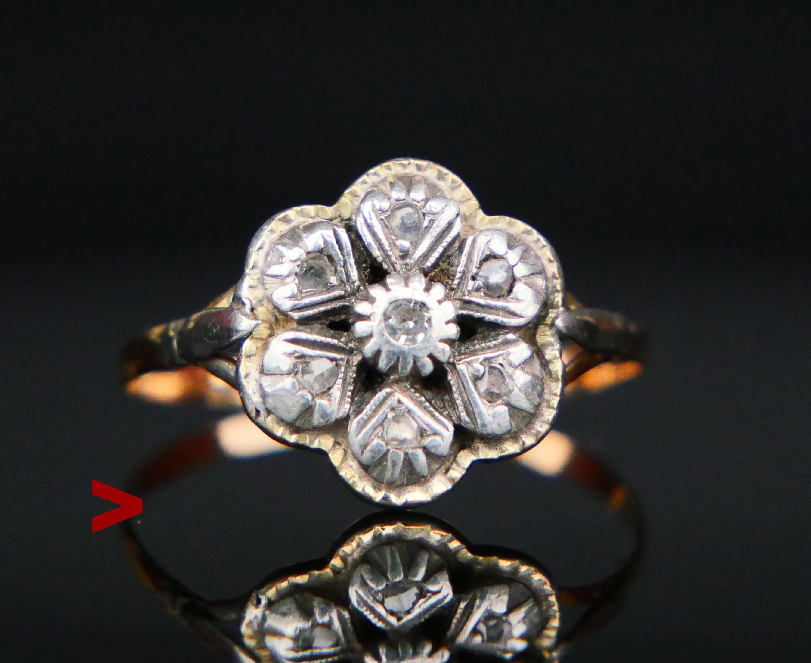 Antique Portuguese Diamond Ring, Renaissance styled.

Band in Rose Gold, base of the crown in Yellow Gold. Band Hallmarked with Portuguese standard 833 Gold hallmarks. Made ca. 1920s -1930s.

One Ø2mm /0.04 ct old diamond cut Diamond in the center