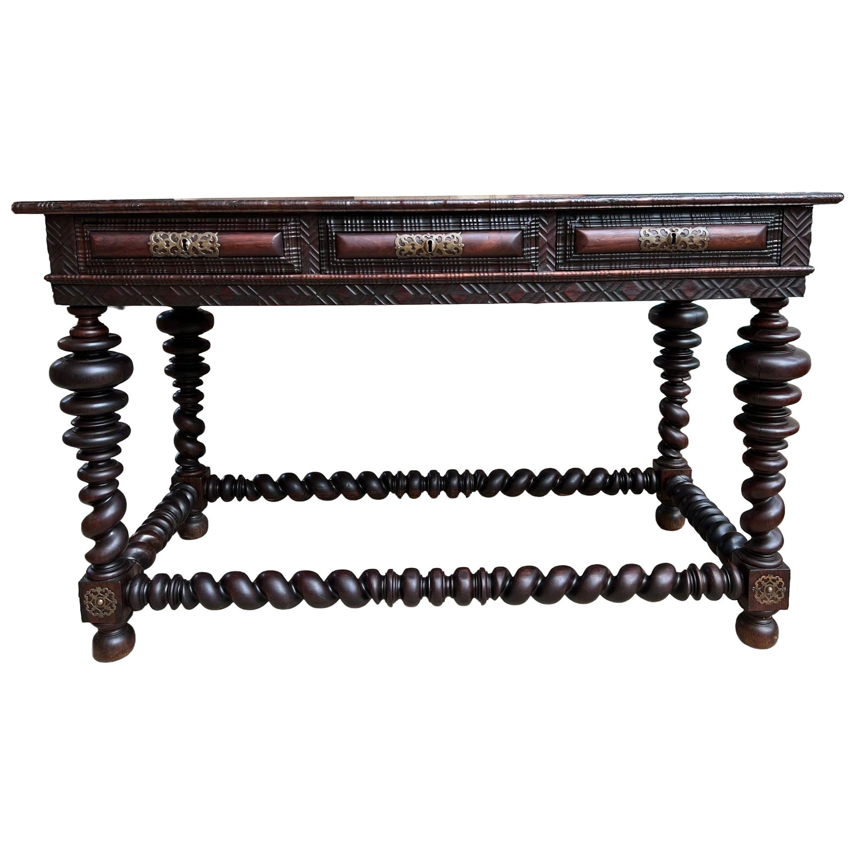 Antique Portuguese Rosewood Library Writing Table Barley Twist Console c1790