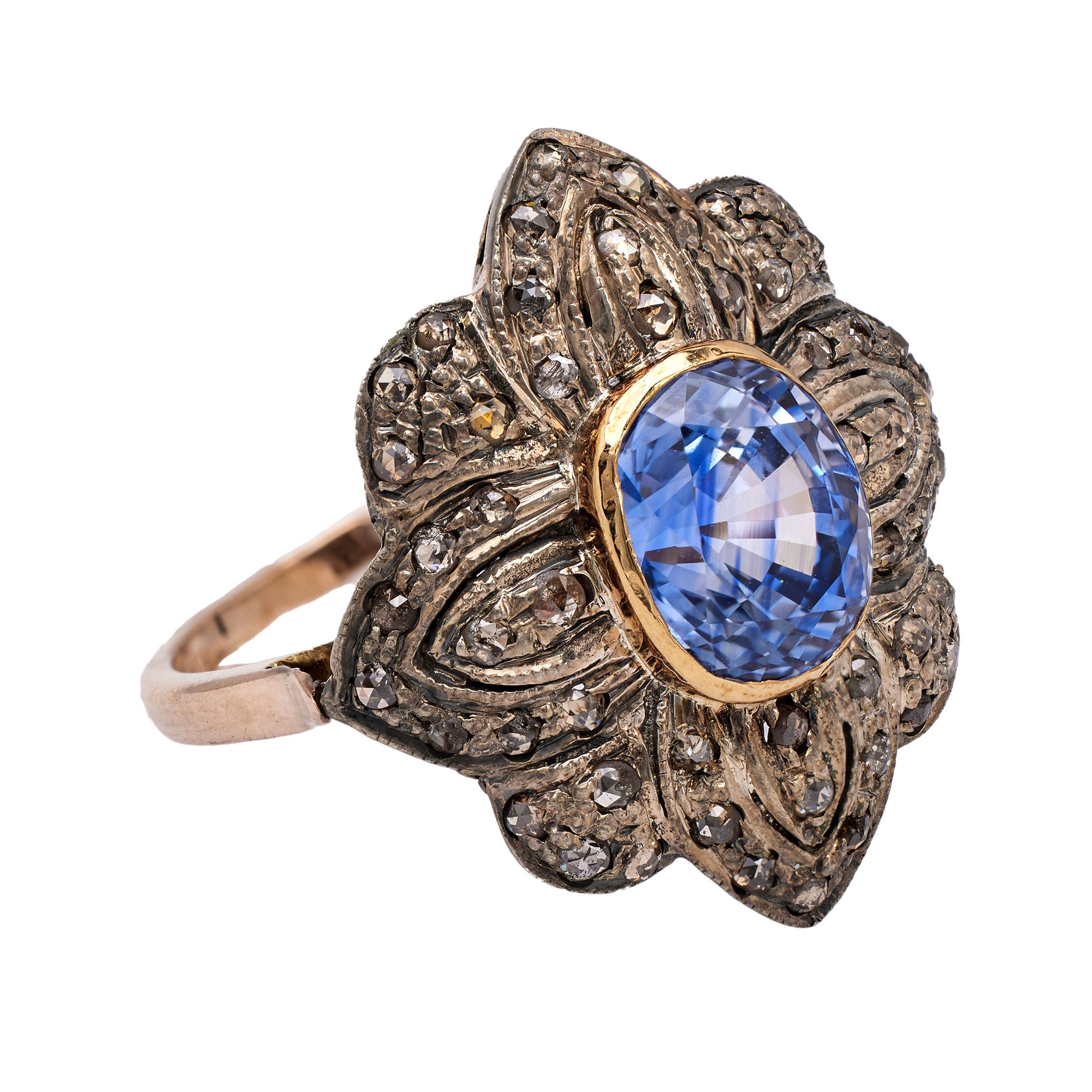 Antique Portuguese Sapphire and Diamond Gold Silver Ring In Good Condition For Sale In Beverly Hills, CA