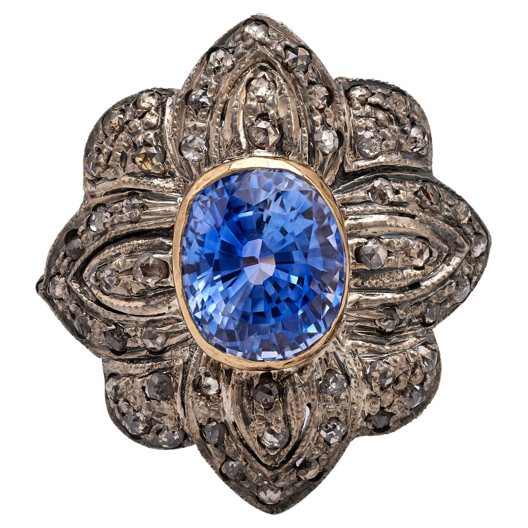 Antique Portuguese Sapphire and Diamond Gold Silver Ring