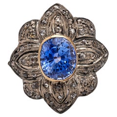 Antique Portuguese Sapphire and Diamond Gold Silver Ring