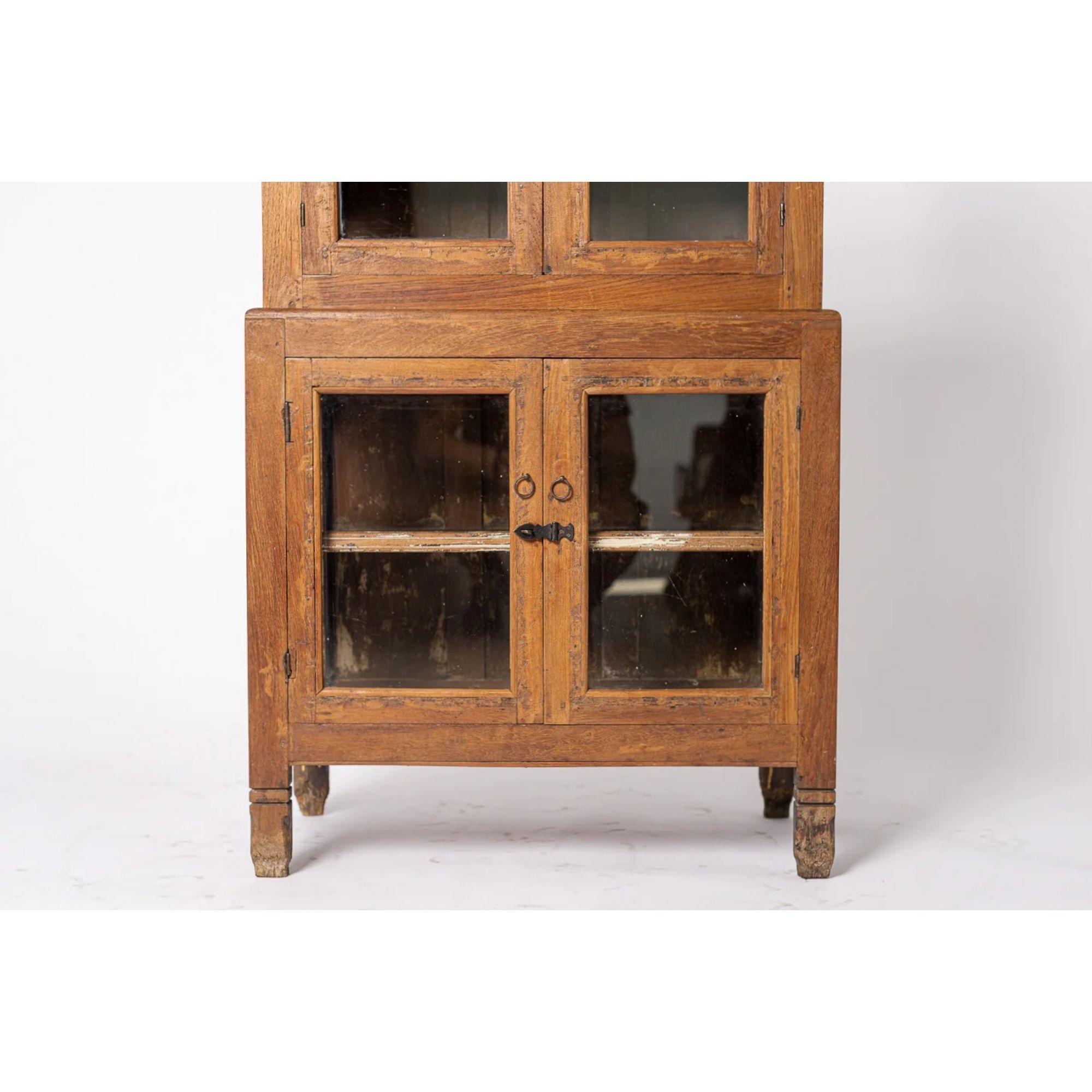Antique Portuguese Storage Cupboard Display Cabinet in Wood & Glass In Good Condition For Sale In Detroit, MI