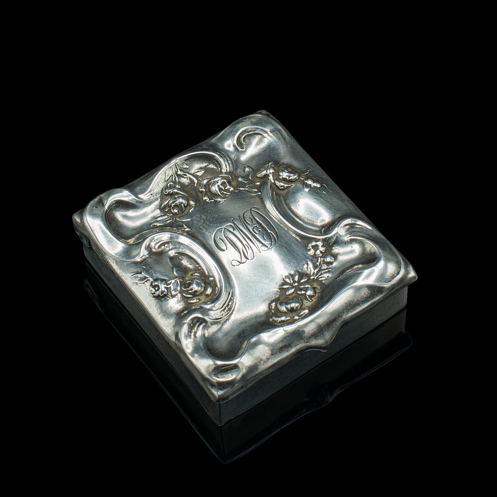 Caja antigua para sellos postales, americana, plata de ley, estuche de bolsillo, eduardiana Silver en venta