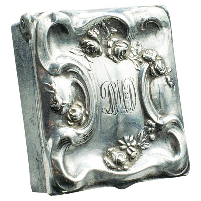 Boîte à timbre-poste ancienne américaine, argent sterling, édouardienne