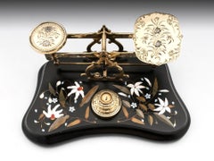 Antique Postal Scales Brass Engraved Pietra Dura, 19th Century