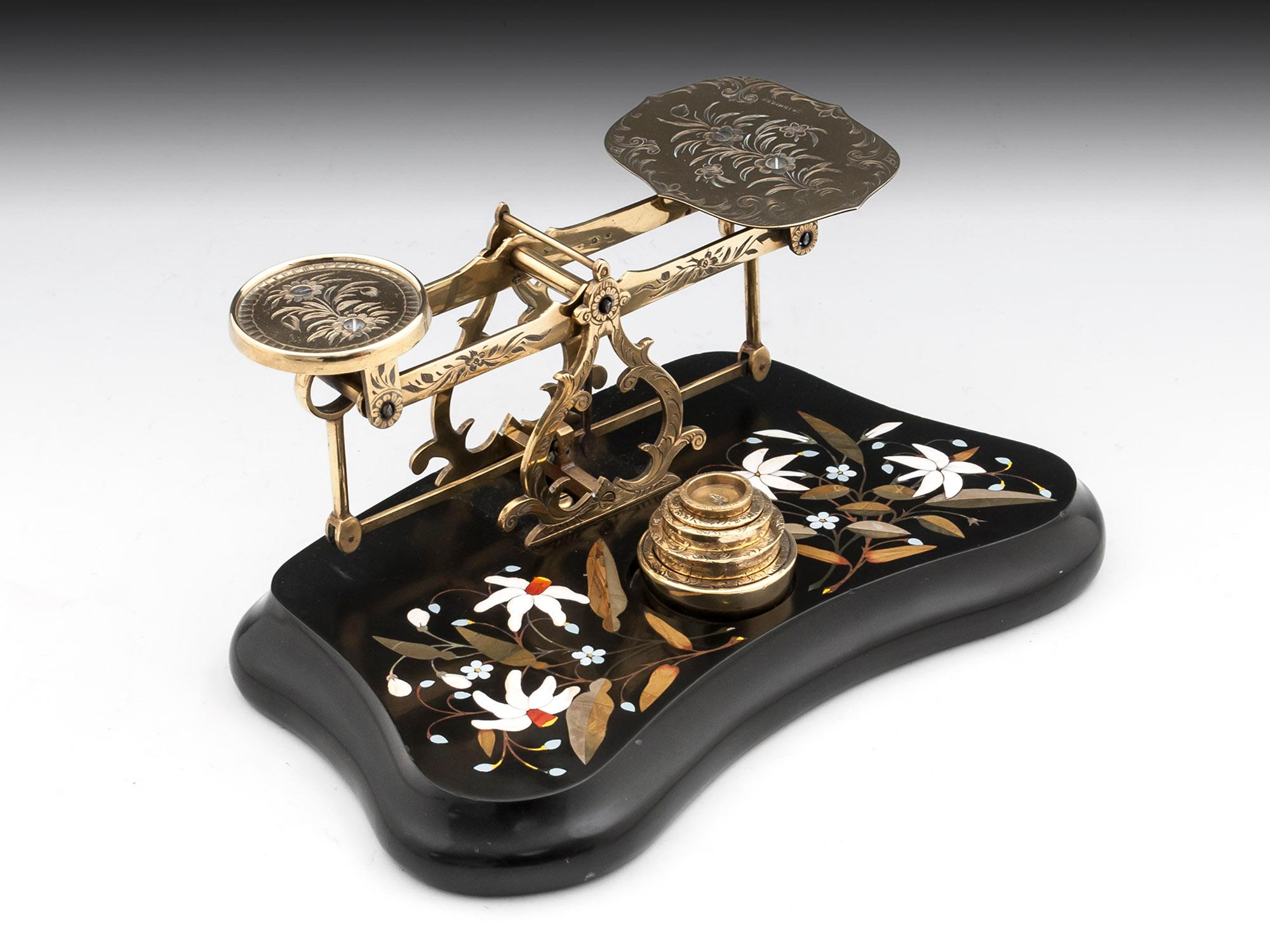 British Antique Postal Scales Brass Engraved Pietra Dura, 19th Century For Sale