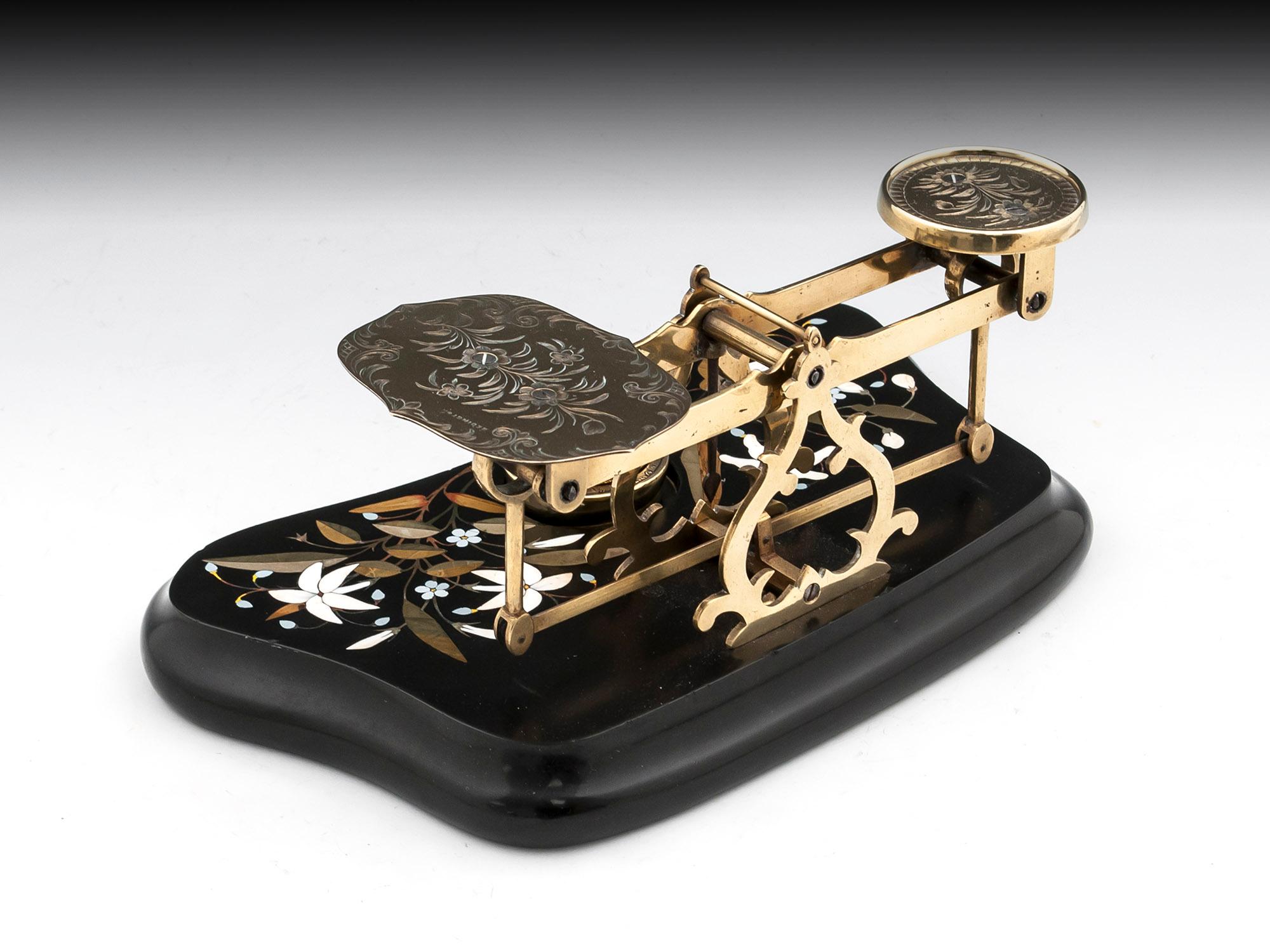 Antique Postal Scales Brass Engraved Pietra Dura, 19th Century In Good Condition For Sale In Northampton, United Kingdom