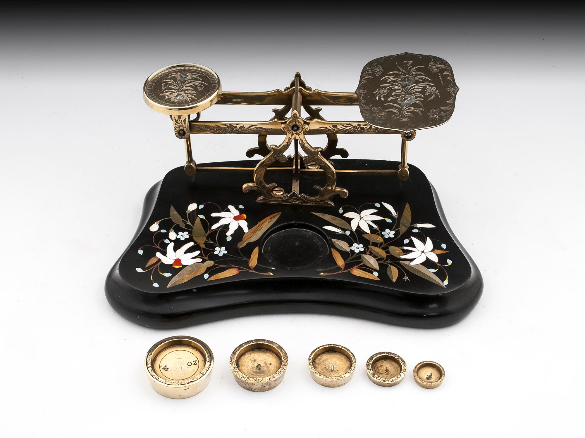 Antique Postal Scales Brass Engraved Pietra Dura, 19th Century For Sale 2
