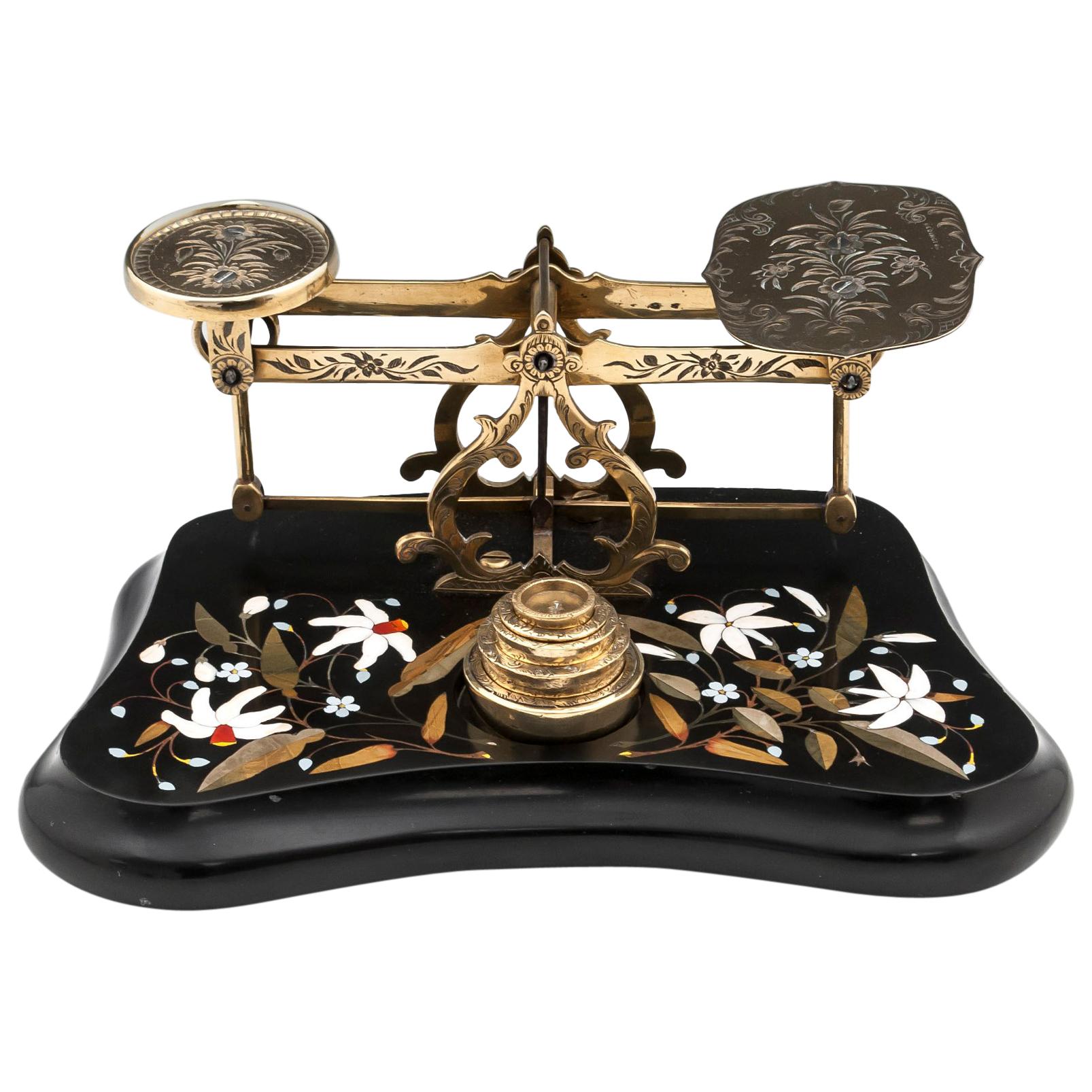 Antique Postal Scales Brass Engraved Pietra Dura, 19th Century For Sale