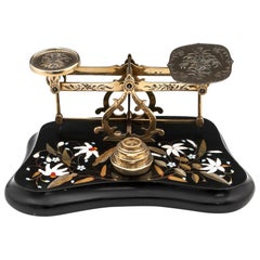 Antique Postal Scales Brass Engraved Pietra Dura, 19th Century