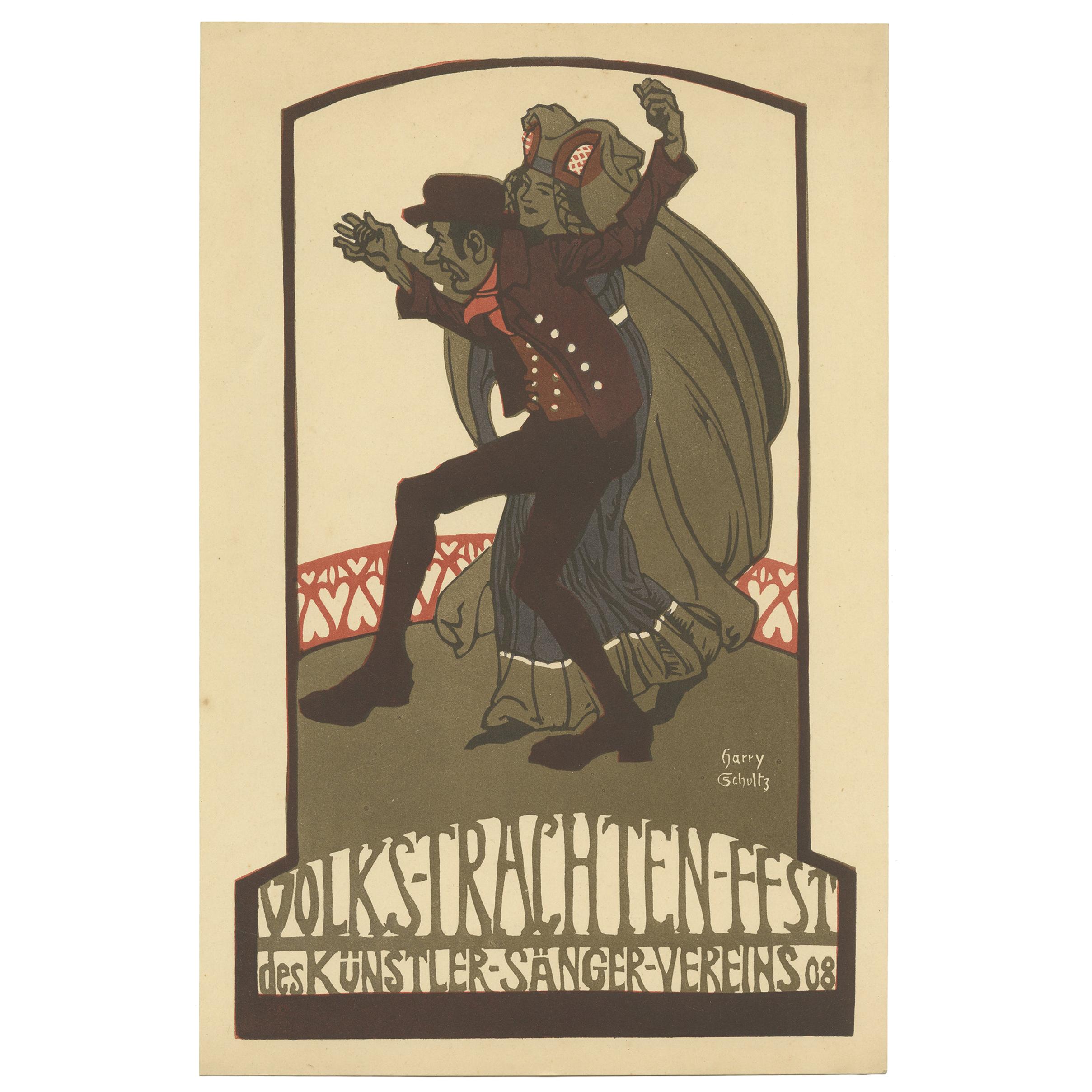 Antique Poster of a German Costume Festival by Schult, 1908