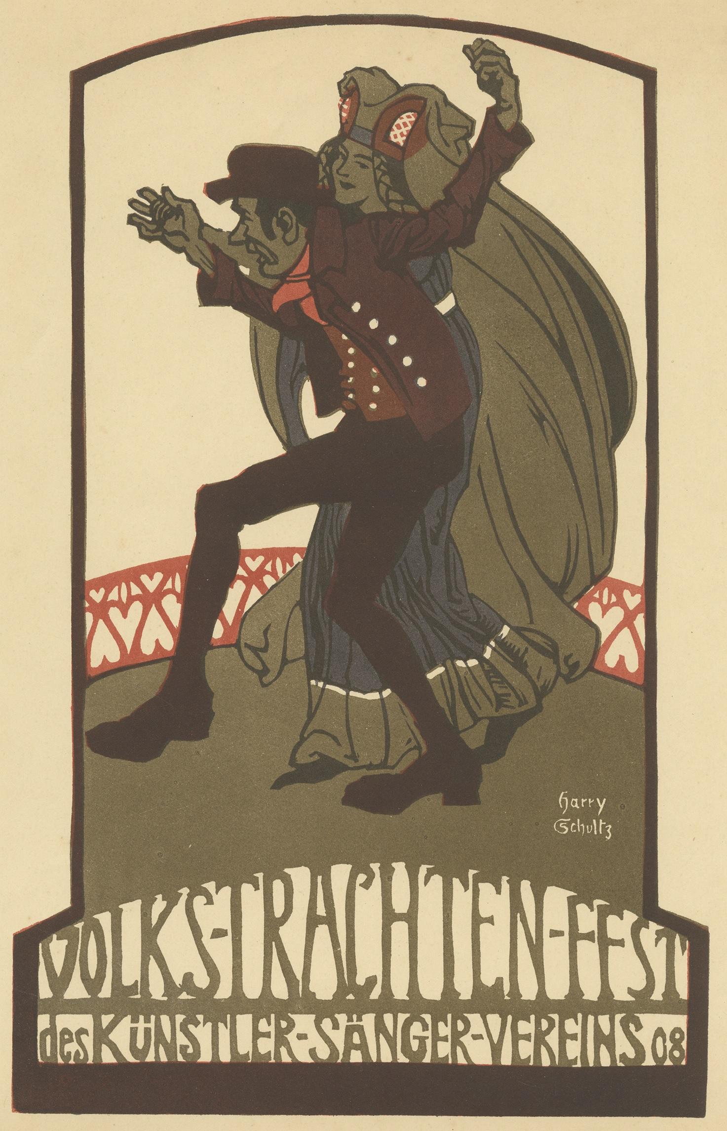 Antique print titled 'Volks-Trachten-Fest des Künstler-Sänger-Vereins 08'. Decorative poster by Harry Schultz.