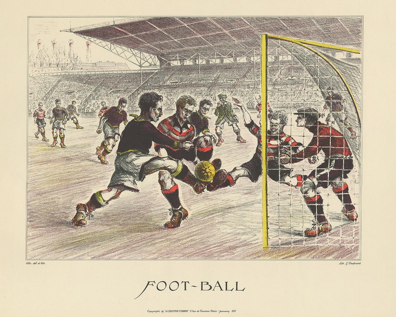 Antique poster depicting a soccer match/football. Copyright by 'La Collection d'Estampes' Paris. Lithograph by G. Dorfinant after Cèlès.