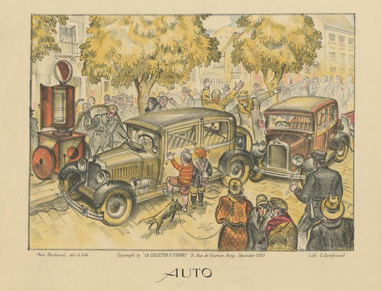 Antique poster depicting various cars and figures. Copyright by 'La Collection d'Estampes' Paris. Lithograph by G. Dorfinant after M. Bertrand.