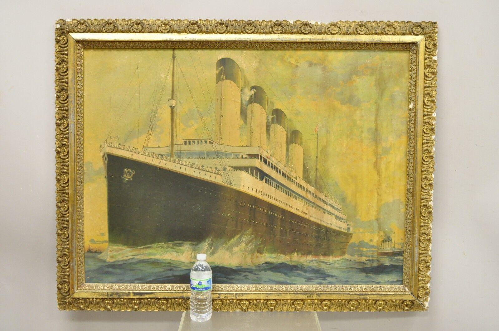 Large antique Poster/Print after Montague Birrell black (1884-1964) white star Line plympic and Titanic 1910 print. Item features antique print on board. Gold giltwood gesso frame, image of the Olympic and the Titanic passing at sea (the Titanic in