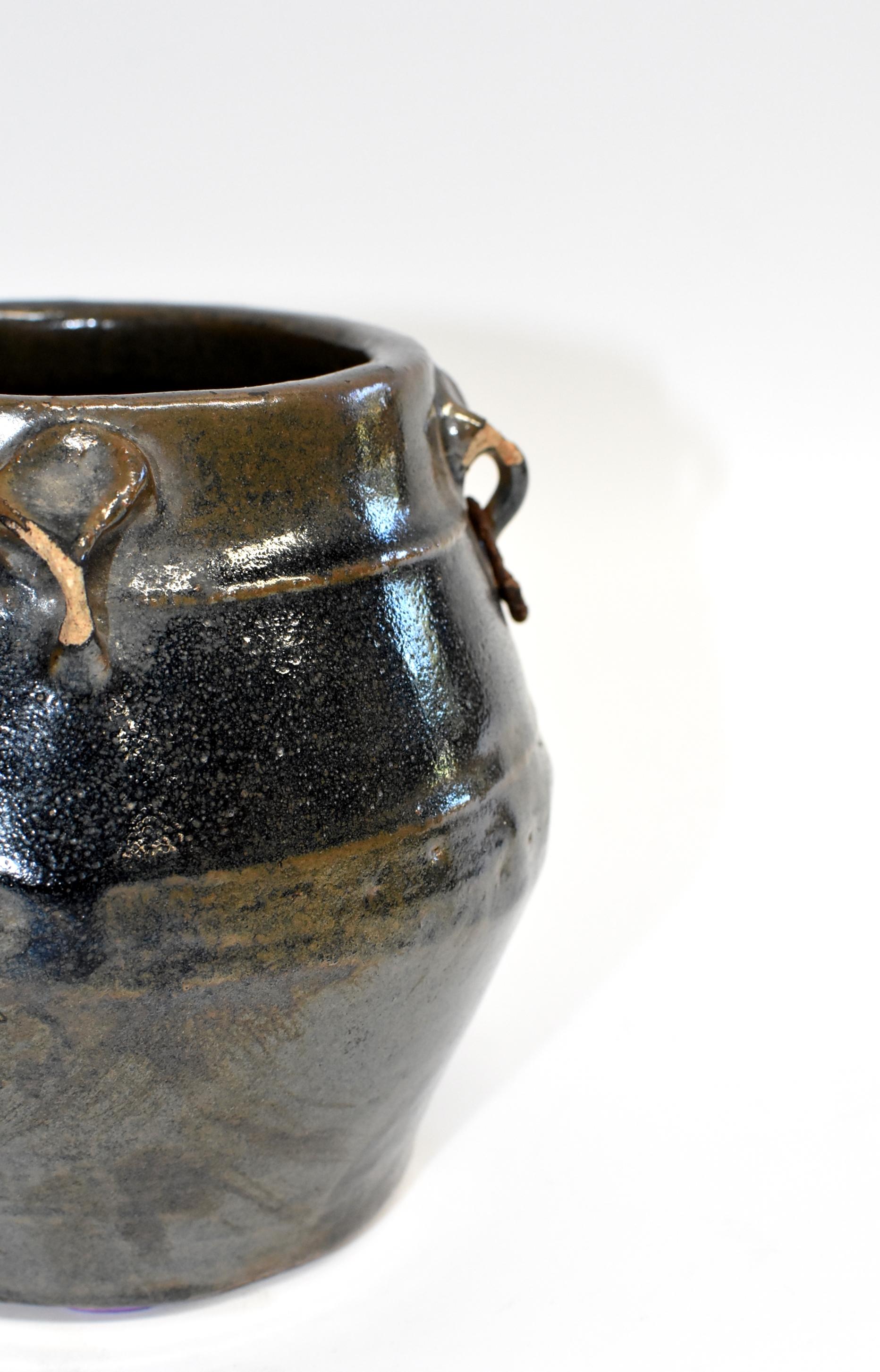 Antique Pottery Jar, 4 Ears Silver Gray Blue 4
