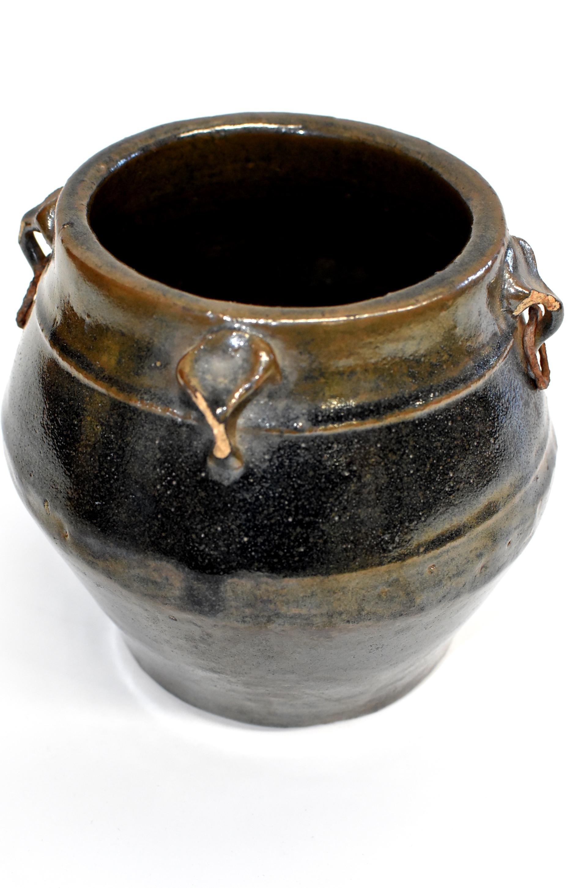 Antique Pottery Jar, 4 Ears Silver Gray Blue 12