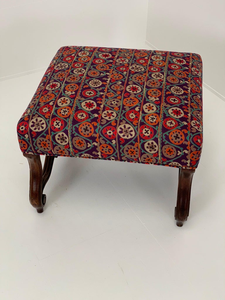 Oak antique pouf with new upholstery,
Italian fabric Etro.