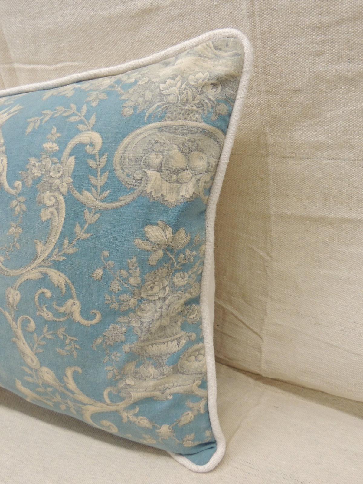 French Antique Powder Blue and Natural Printed Toile Bolster Decorative Pillow