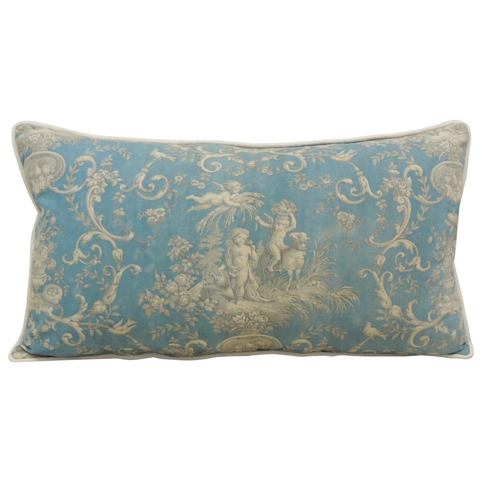 Antique Powder Blue and Natural Printed Toile Bolster Decorative Pillow