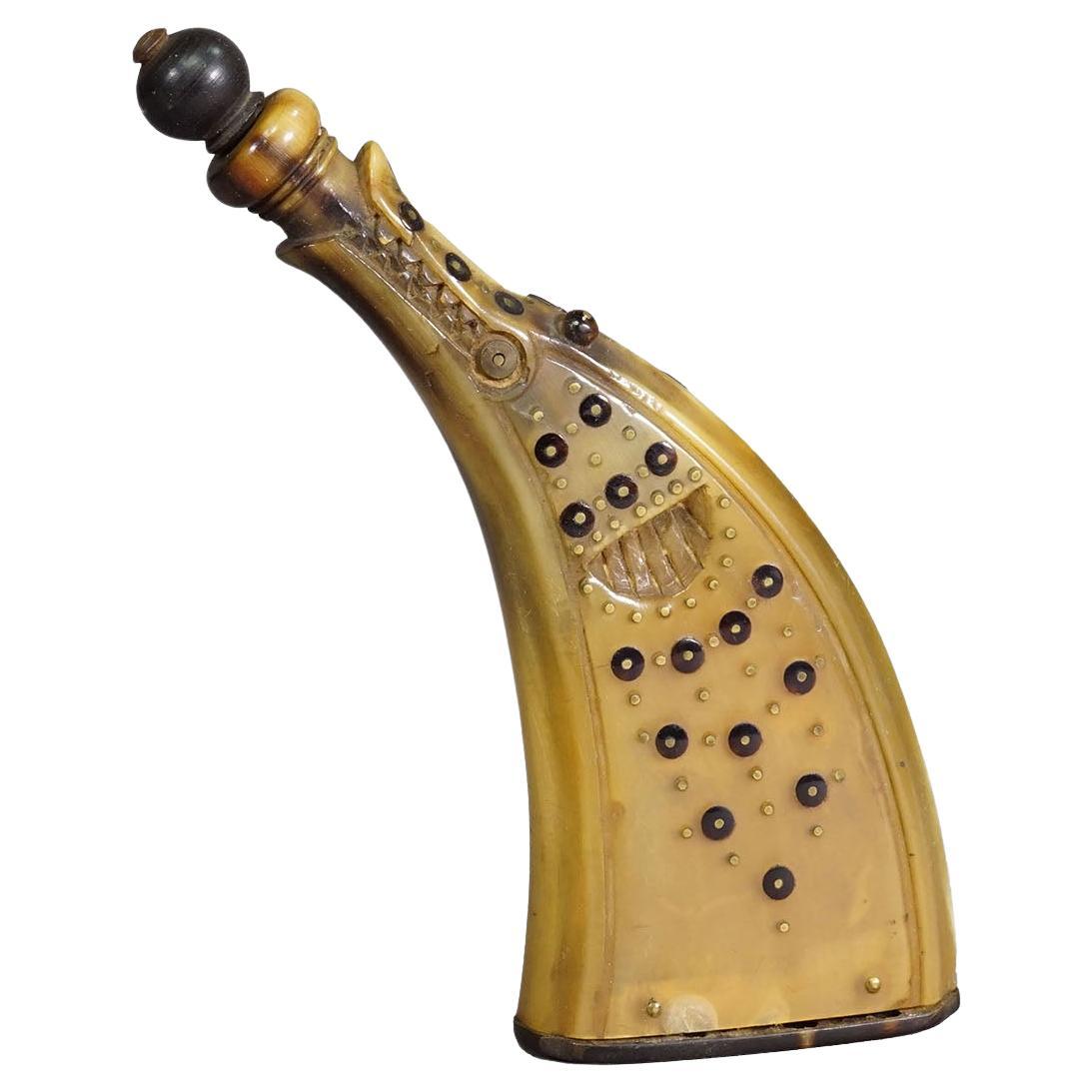 Antique Powder Flask Made of Horn with Decorations, Germany 19th Century For Sale