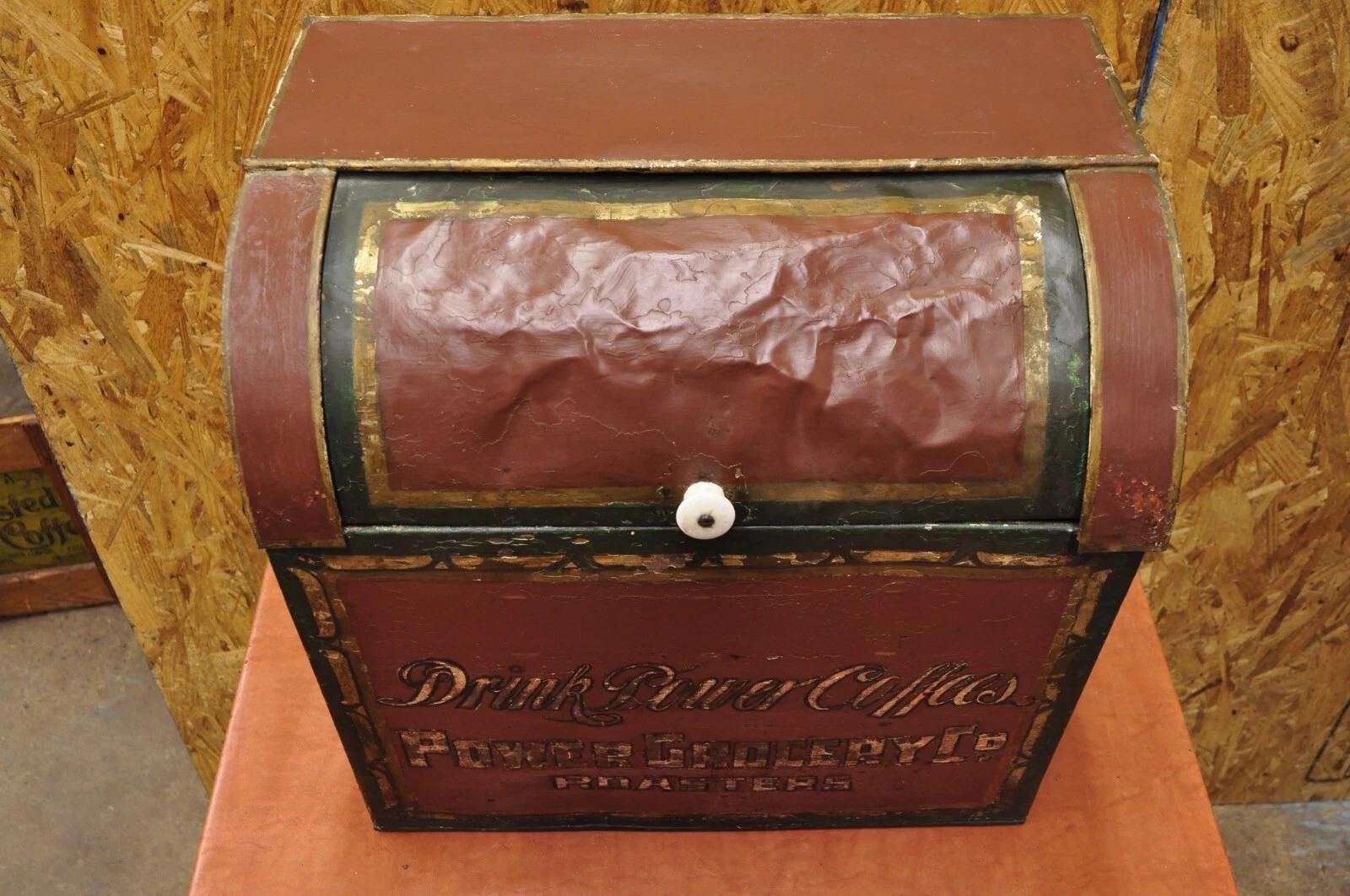 Victorian Antique Power Coffee Tin Rolltop Red Tea Hopper General Store Spice Bin Display For Sale