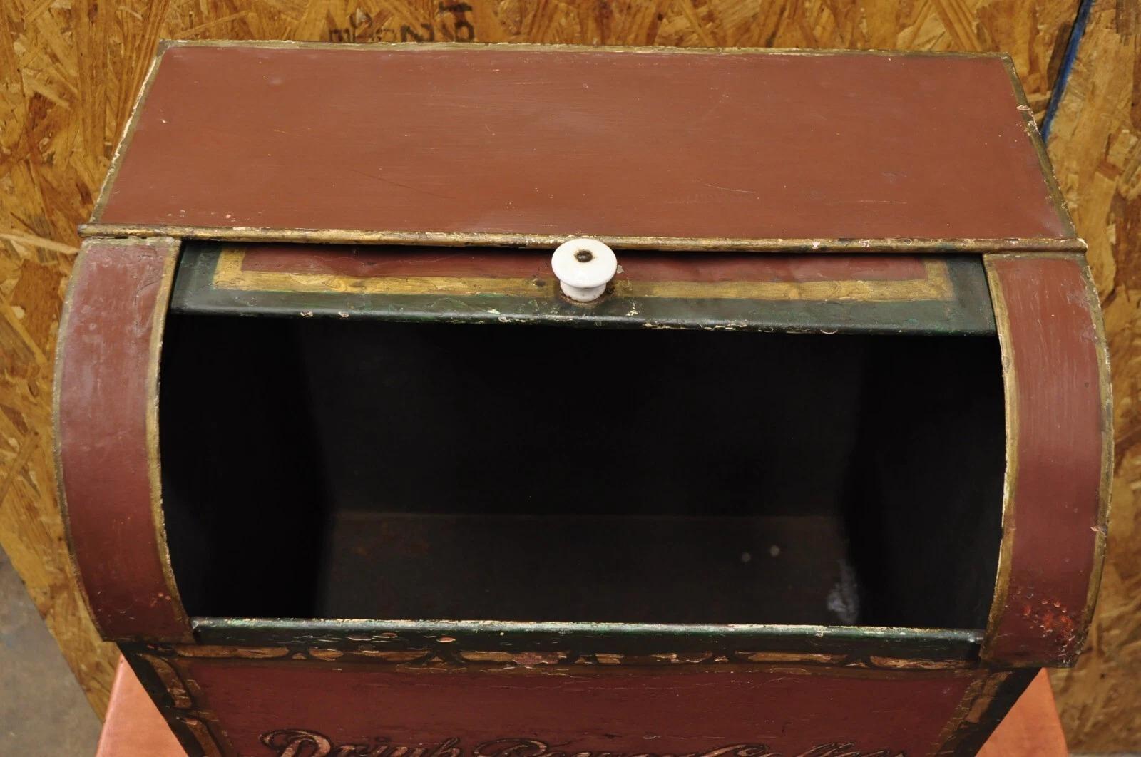 Antique Power Coffee Tin Rolltop Red Tea Hopper General Store Spice Bin Display In Good Condition For Sale In Philadelphia, PA