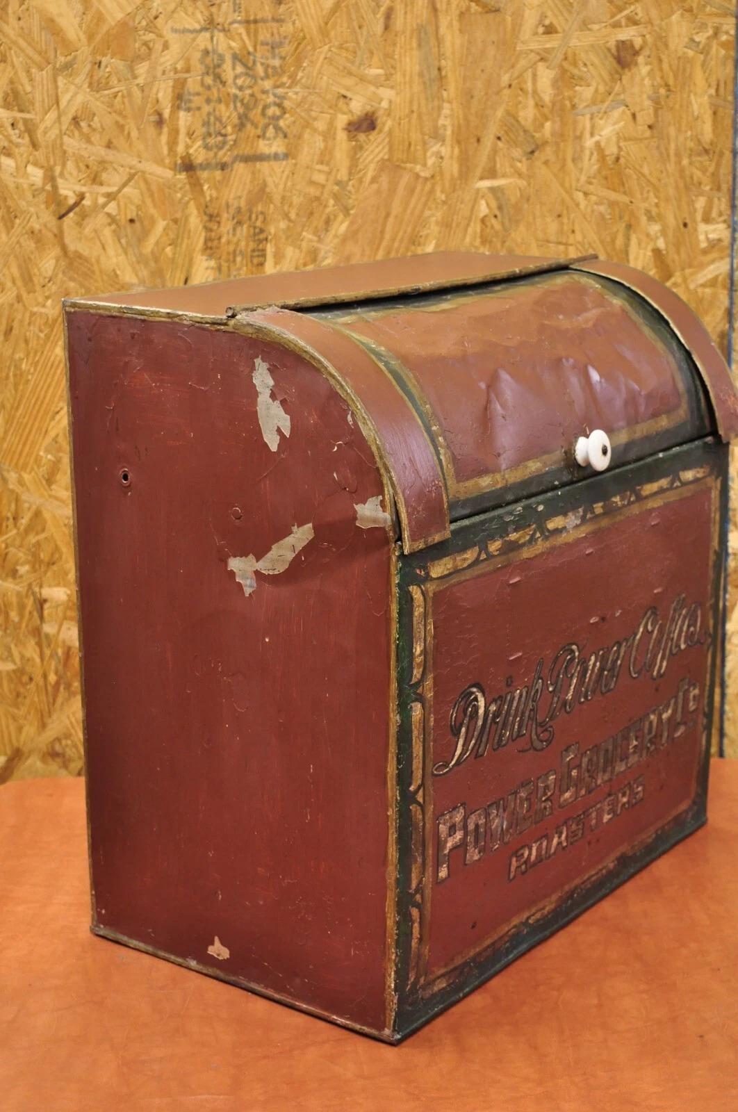 Antique Power Coffee Tin Rolltop Red Tea Hopper General Store Spice Bin Display For Sale 1