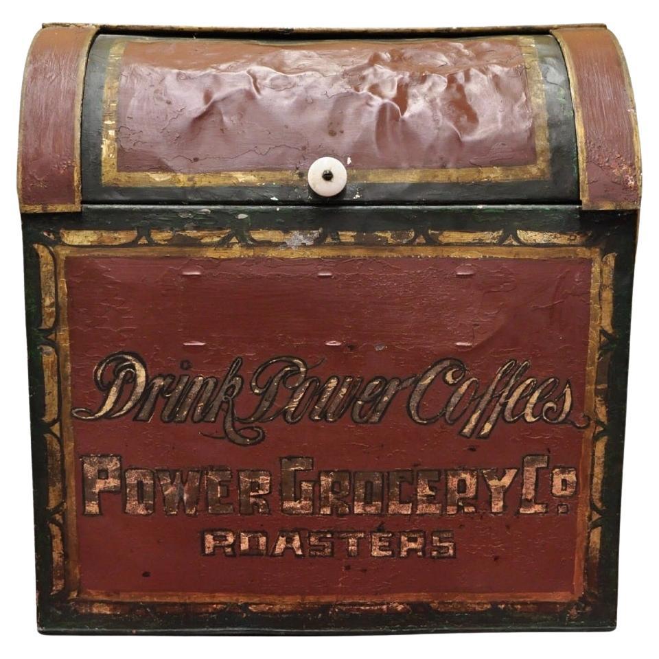 Antique Power Coffee Tin Rolltop Red Tea Hopper General Store Spice Bin Display For Sale