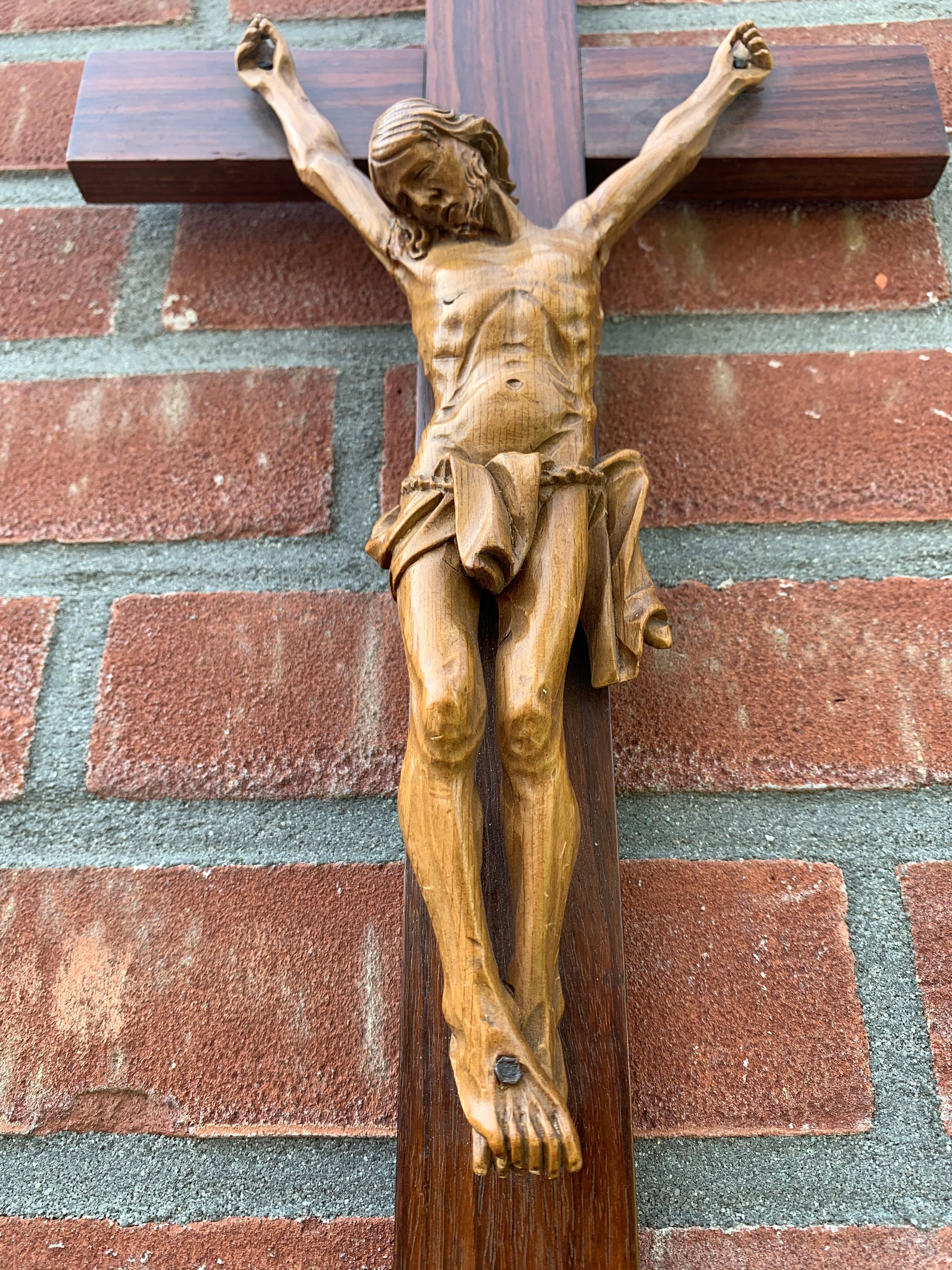 Arts and Crafts Antique Practical Size, Handcrafted Christ on wooden Cross Home Wall Crucifix