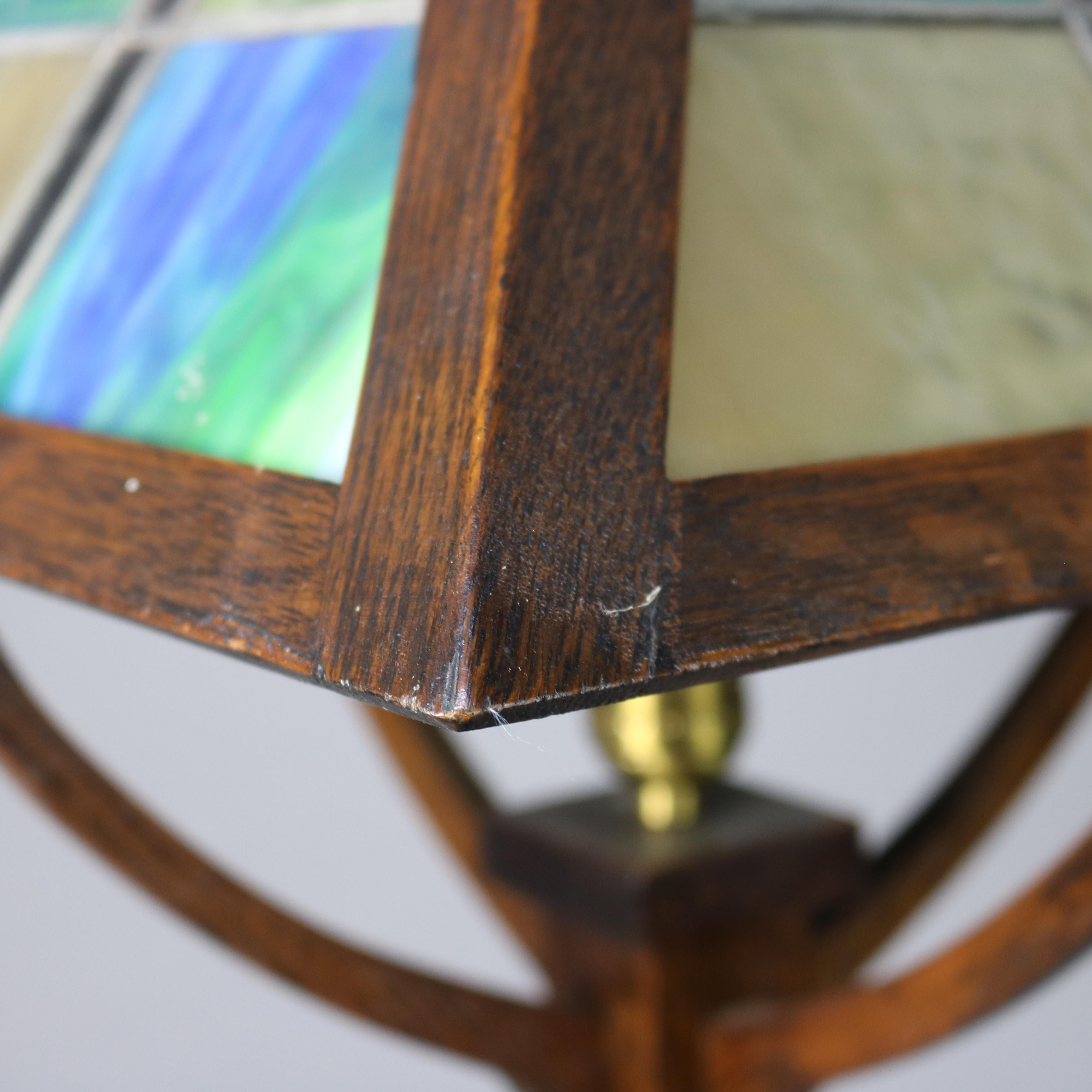 Antique Prairie School Arts and Crafts Oak Framed Slag Glass Table Lamp C1920

Measures - 28.25