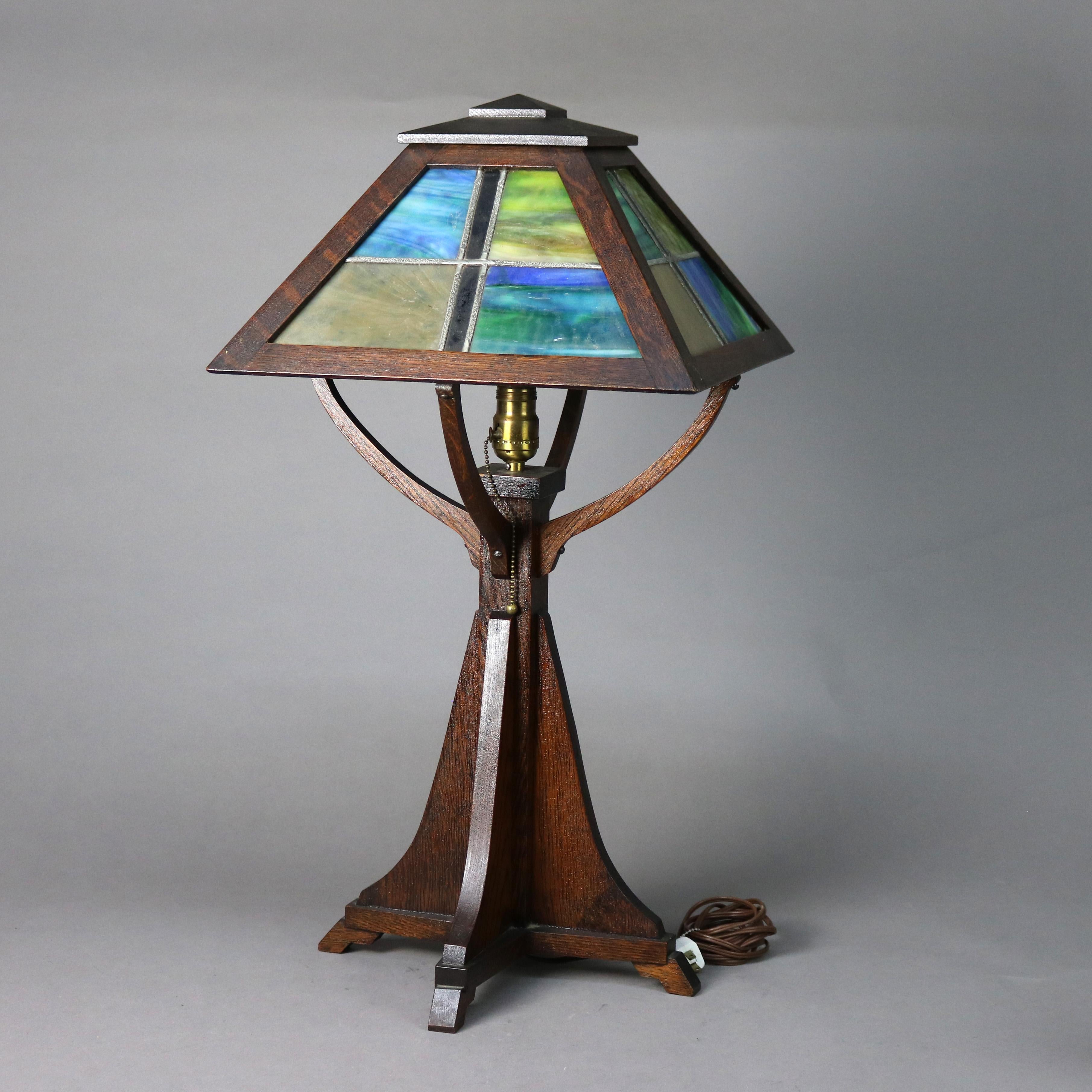 American Antique Prairie School Arts and Crafts Oak Framed Slag Glass Table Lamp C1920 For Sale