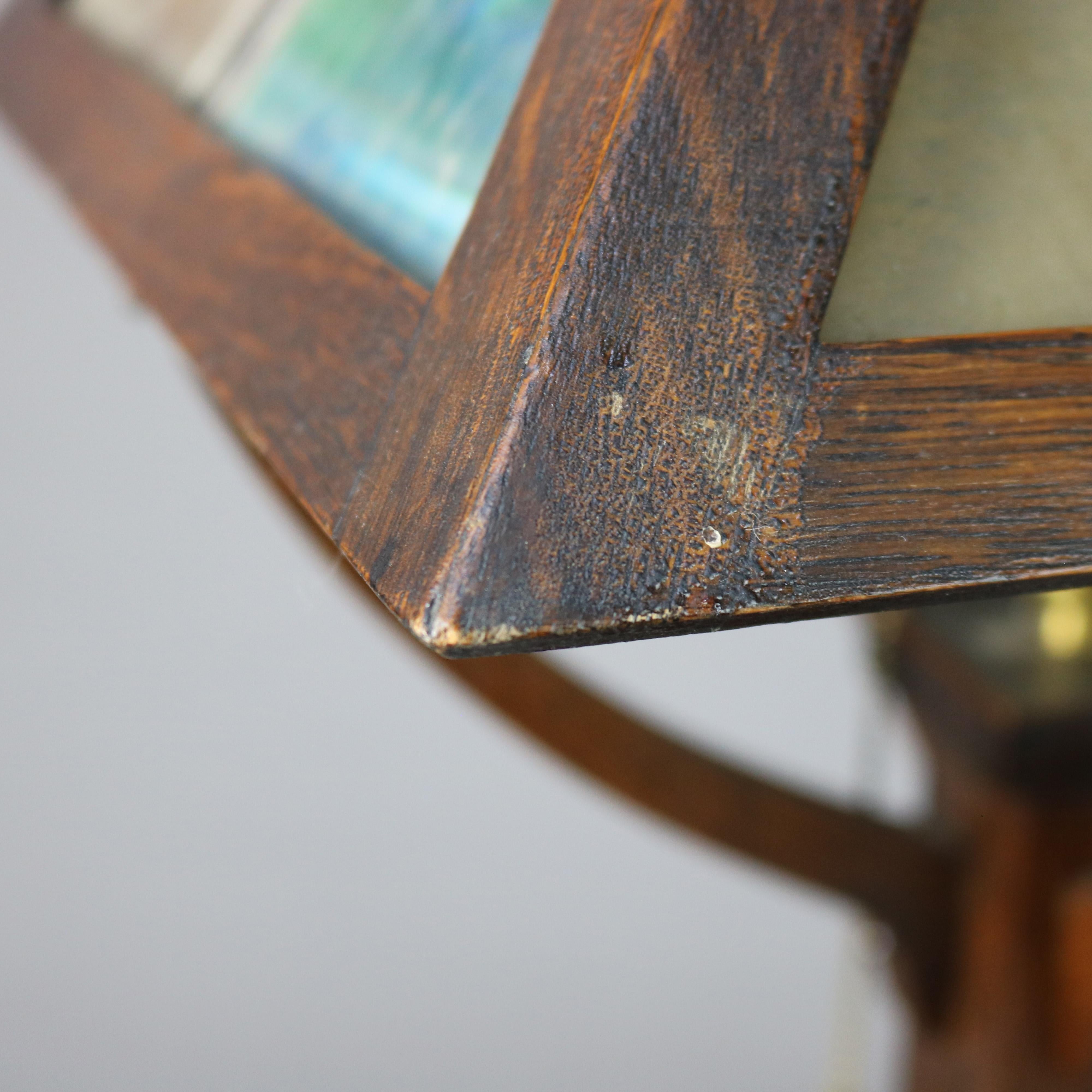 Antique Prairie School Arts and Crafts Oak Framed Slag Glass Table Lamp C1920 For Sale 3